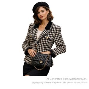 Vintage Bicci Florine Wachter Houndstooth Fringe Wool Blazer M 10-12